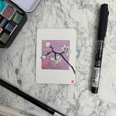 Orchid flower floral, botanical ink illustration with metallic watercolor square aceo art card thumbnail 1