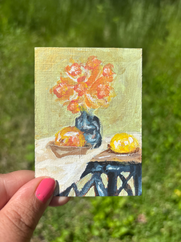 “Golden Still Life” Acrylic Painting (Flowers In Vase On Table Top) aceo art card