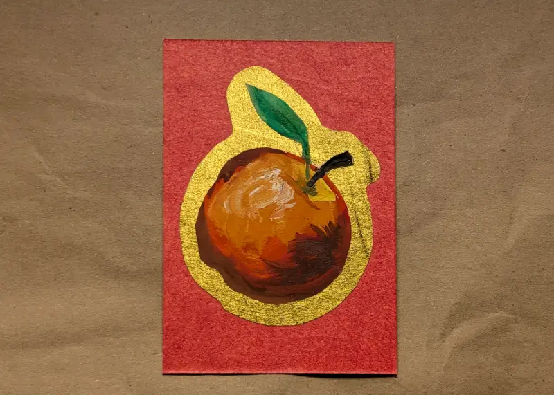 Hand Painted Fortune Apple - Chinese New Year on Gold Metallic Border aceo art card