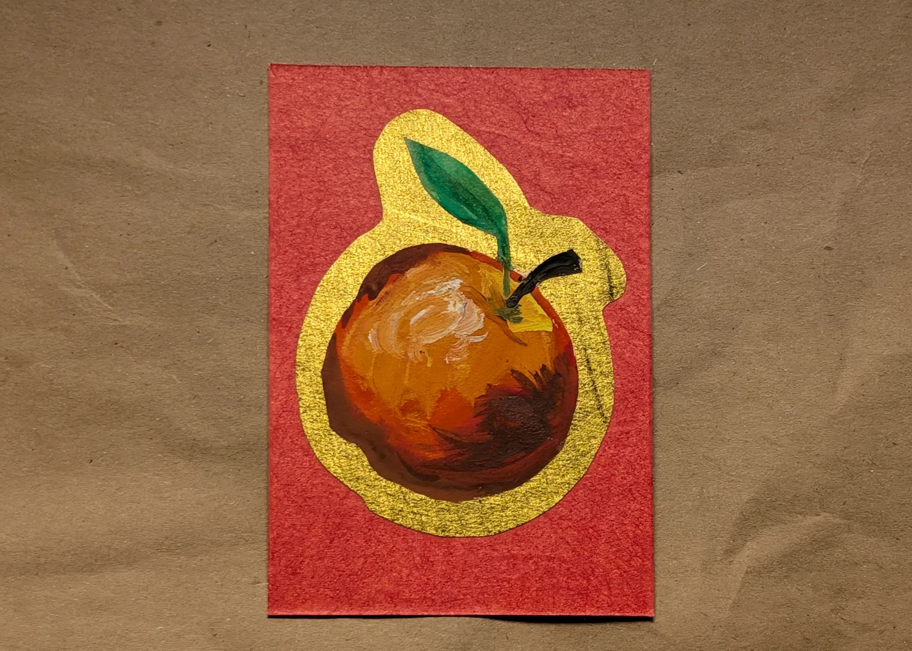 Hand Painted Fortune Apple - Chinese New Year on Gold Metallic Border aceo art card
