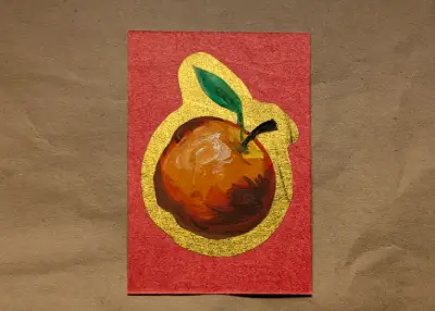 Hand Painted Fortune Apple - Chinese New Year on Gold Metallic Border aceo art card thumbnail 1