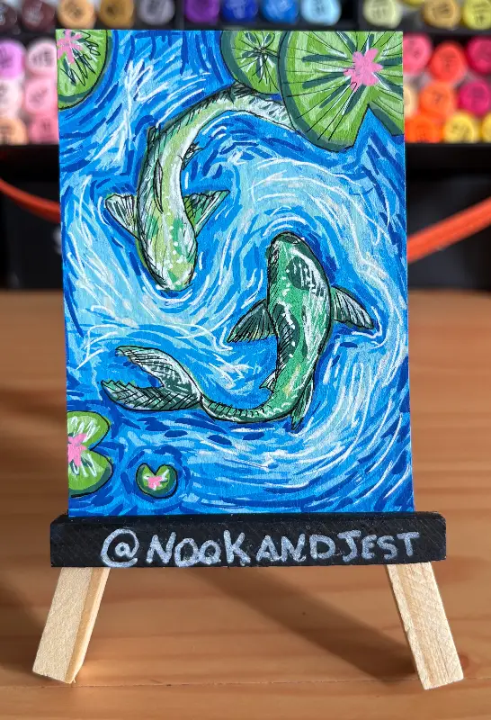 Two Peas in a Pond - green koi fish in pond aceo art card