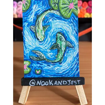 Two Peas in a Pond - green koi fish in pond aceo art card thumbnail 1