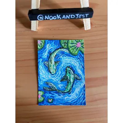 Two Peas in a Pond - green koi fish in pond aceo art card thumbnail 2