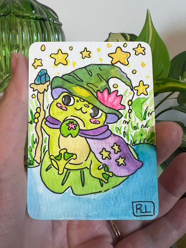 1/3 frog wizard original ACEO, watercolor and pen aceo art card