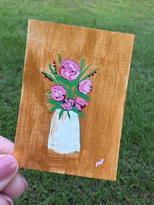 Pink Flowers in Vase Abstract on Gold Canvas aceo art card thumbnail 1