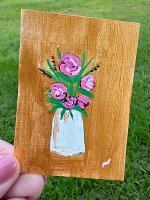 Pink Flowers in Vase Abstract on Gold Canvas aceo art card thumbnail 2