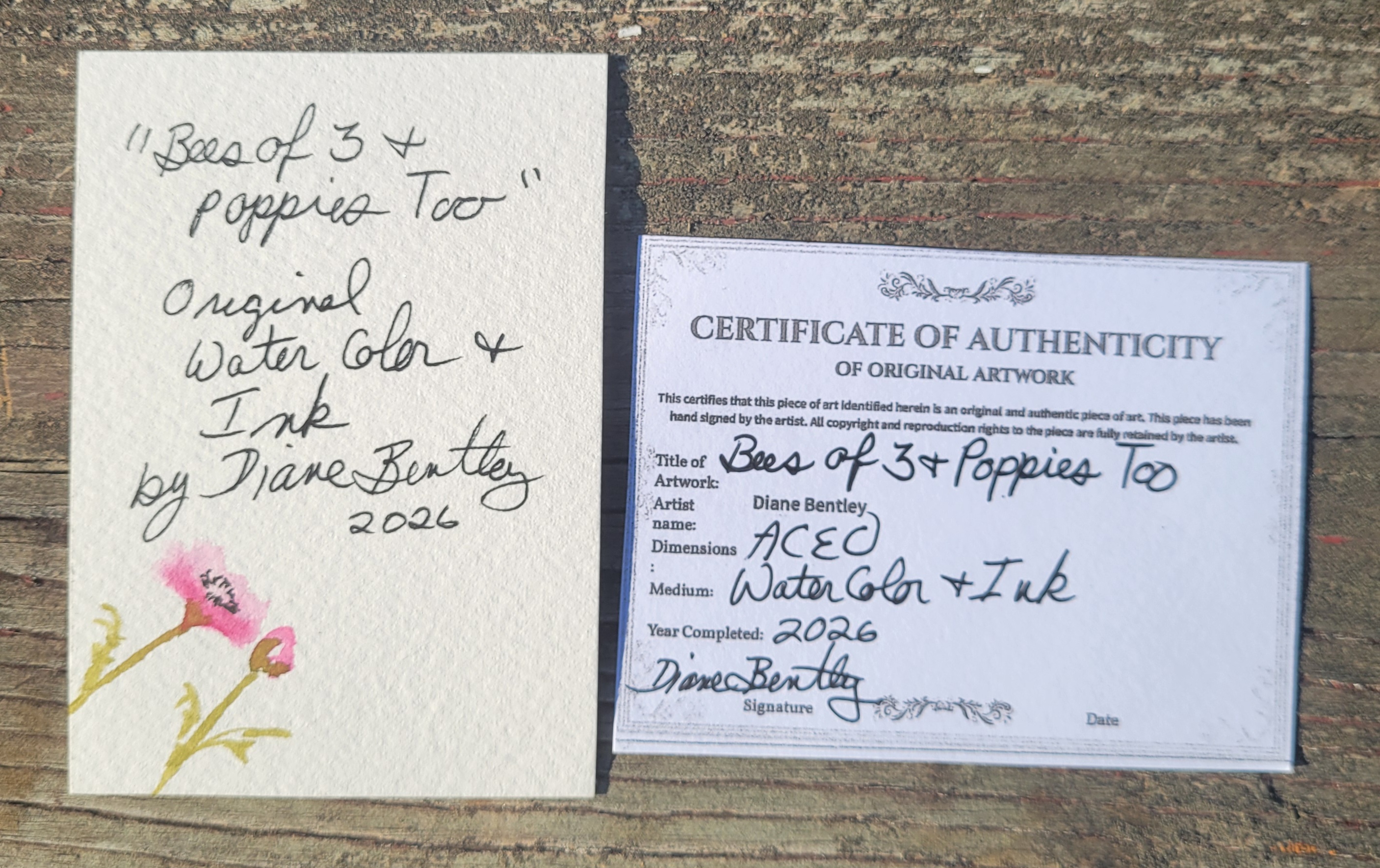 Bees of Three and Poppies Too aceo art card thumbnail 3