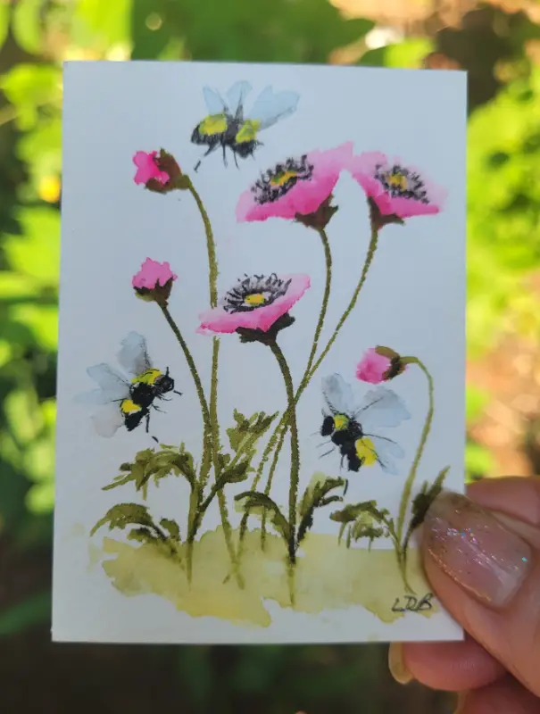 Bees of Three and Poppies Too aceo art card