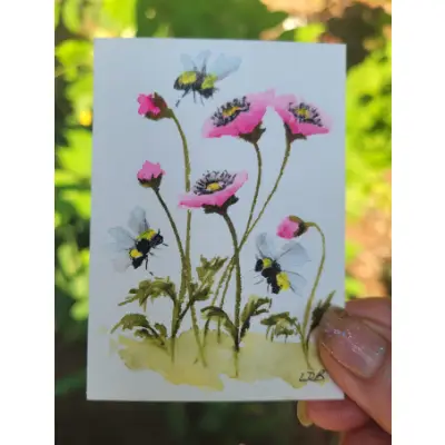 Bees of Three and Poppies Too aceo art card thumbnail 1