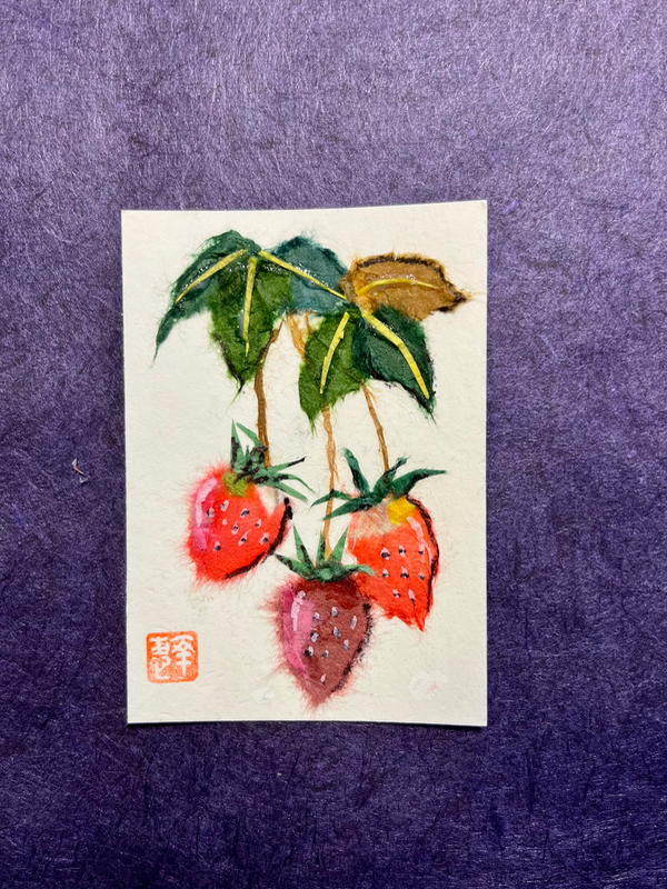 Japanese Washi art - Strawberry (ichigo) aceo art card