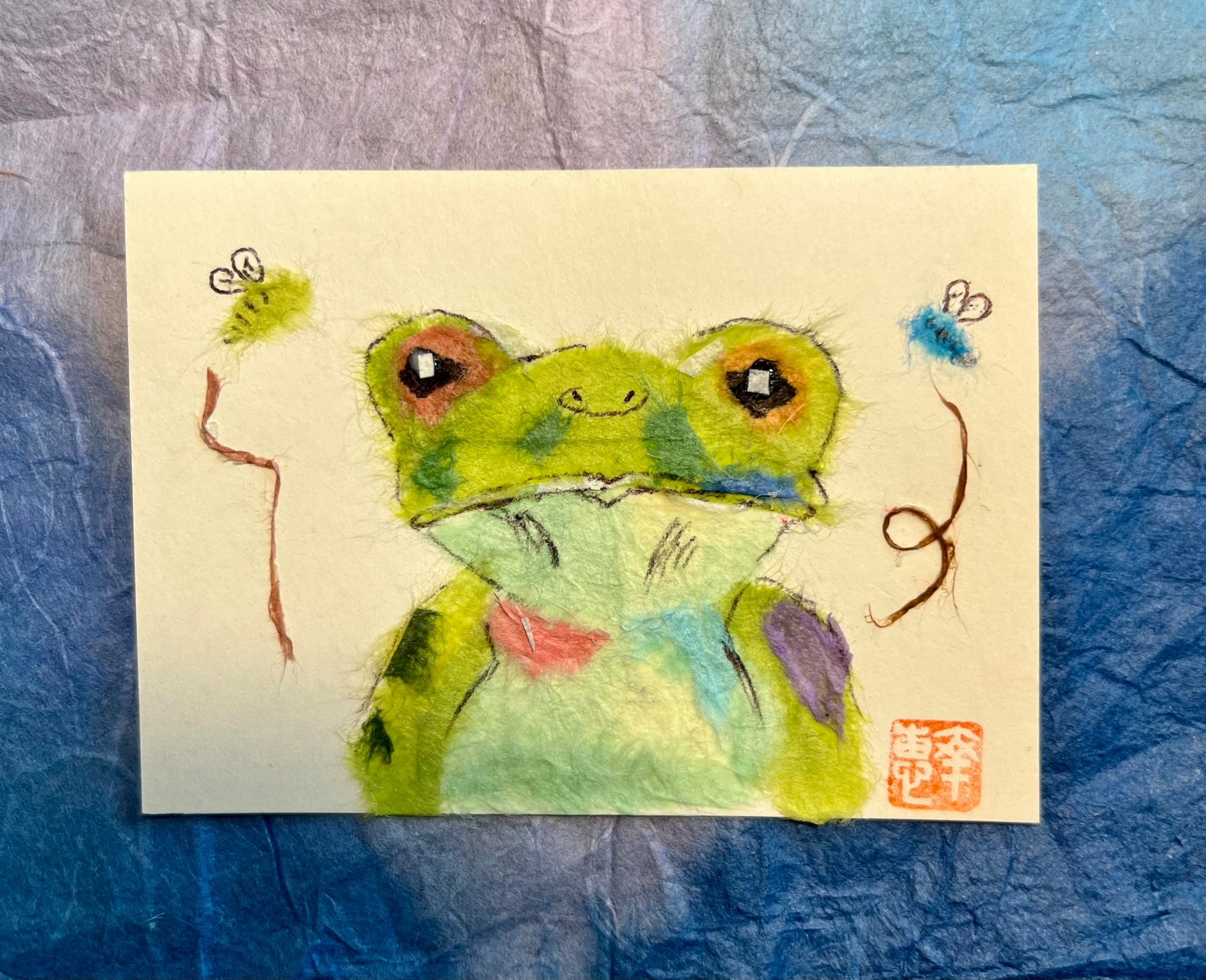 Japanese Washi art - Mr. Froggy (kaeru) aceo art card