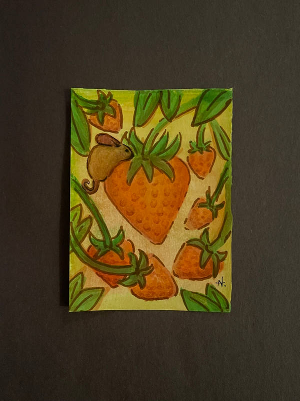 “Strawberry field” watercolor ACEO mouse on strawberries aceo art card