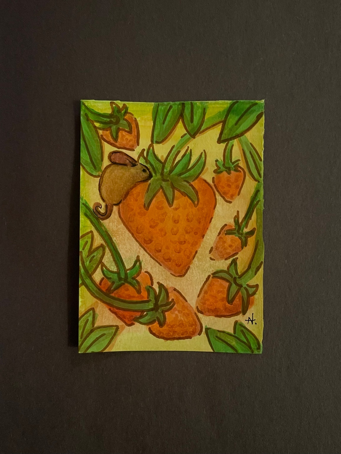 “Strawberry field” watercolor ACEO mouse on strawberries aceo art card