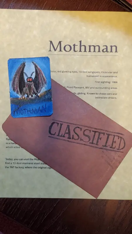 Mothman cryptid informational package aceo art card