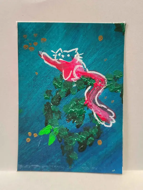 Color Cat- Red Reach aceo art card