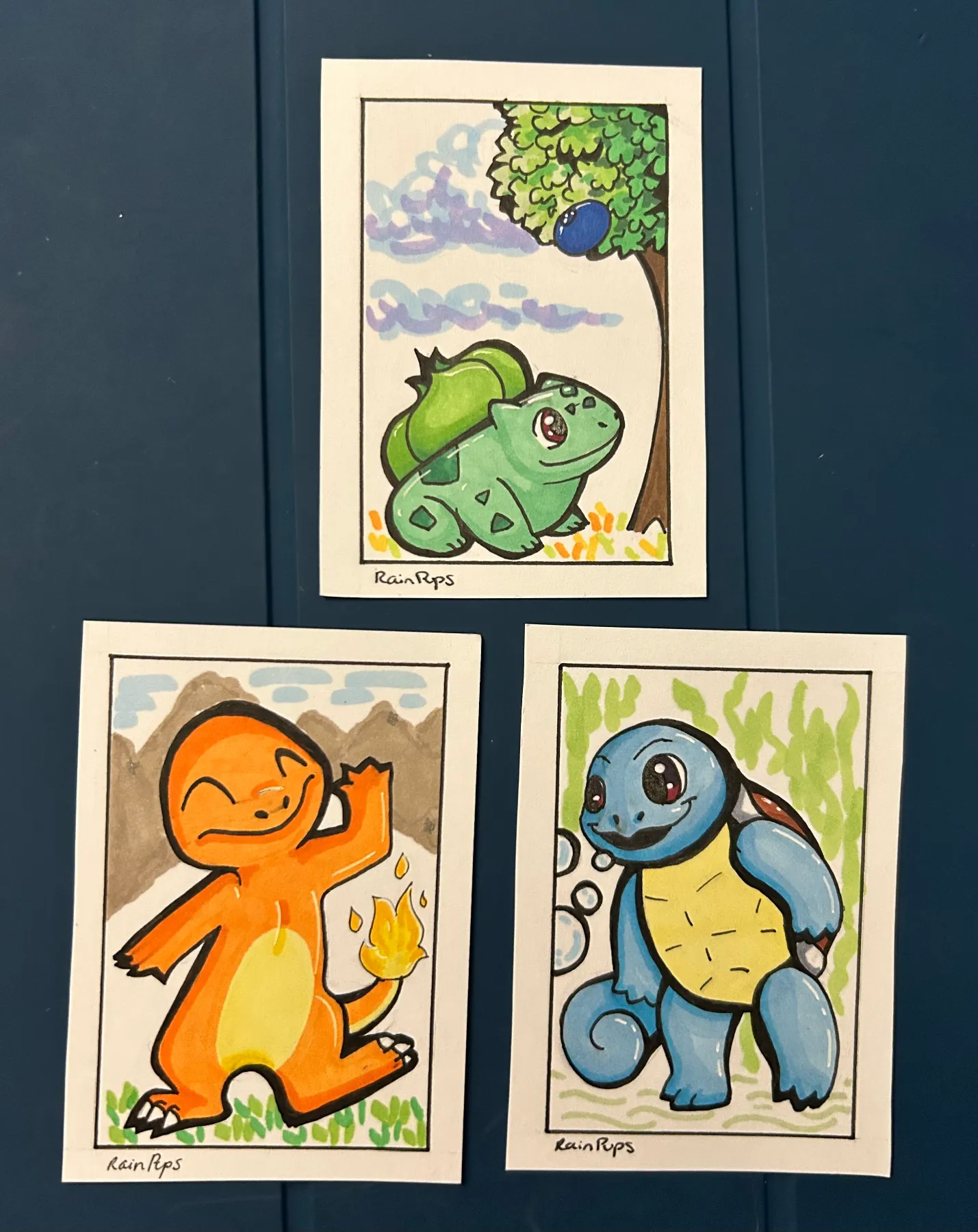 Charmander, Squirtle, and Bulbasaur- Gen 1 Pokemon aceo art card