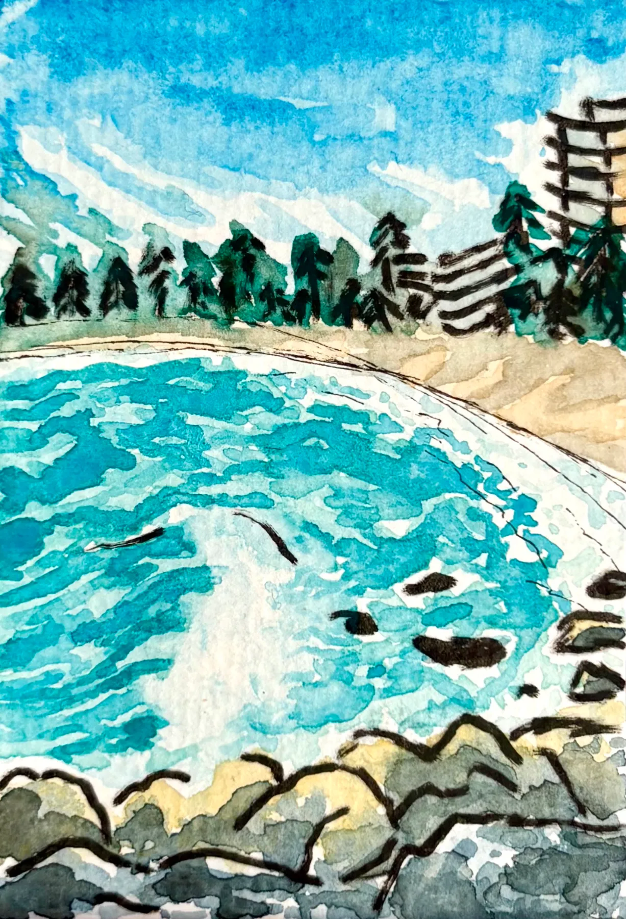 Catching Waves at Manly Beach - Sydney Australia aceo art card