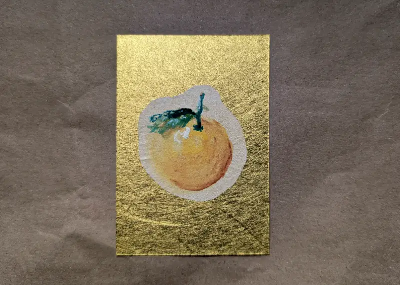 Hand Painted Lucky Mandarin on Calligraphy Paper - Gold Metallic Background aceo art card