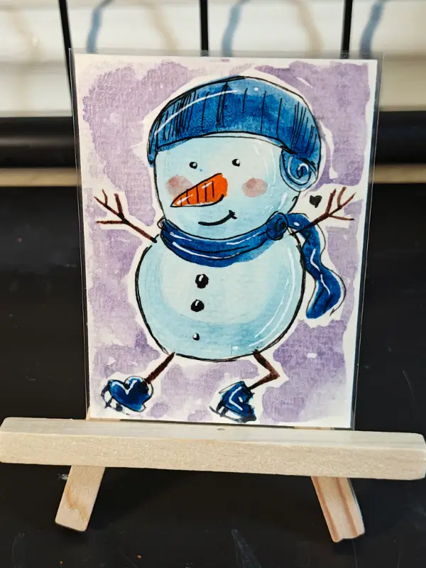 ACEO original art SnowFriend Blue scraft with blue hat by Jazmin aceo art card