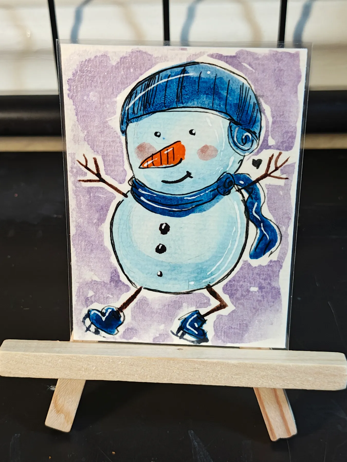 ACEO original art SnowFriend Blue scraft with blue hat by Jazmin aceo art card