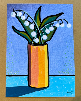 Lilly of the Valley in vase - modern painting by The Art Auditor aceo art card thumbnail 1