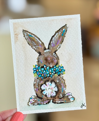 Bunny Tail Painting, Colorful Spring Rabbit aceo art card thumbnail 1