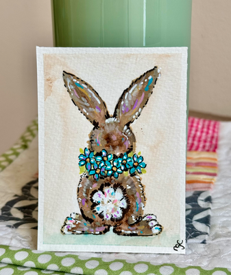 Bunny Tail Painting, Colorful Spring Rabbit aceo art card thumbnail 1