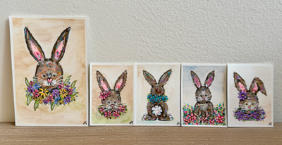 Bunny Tail Painting, Colorful Spring Rabbit aceo art card thumbnail 3