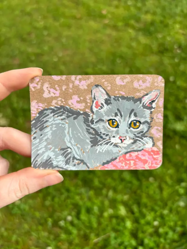 little gray kitty with pink aceo art card