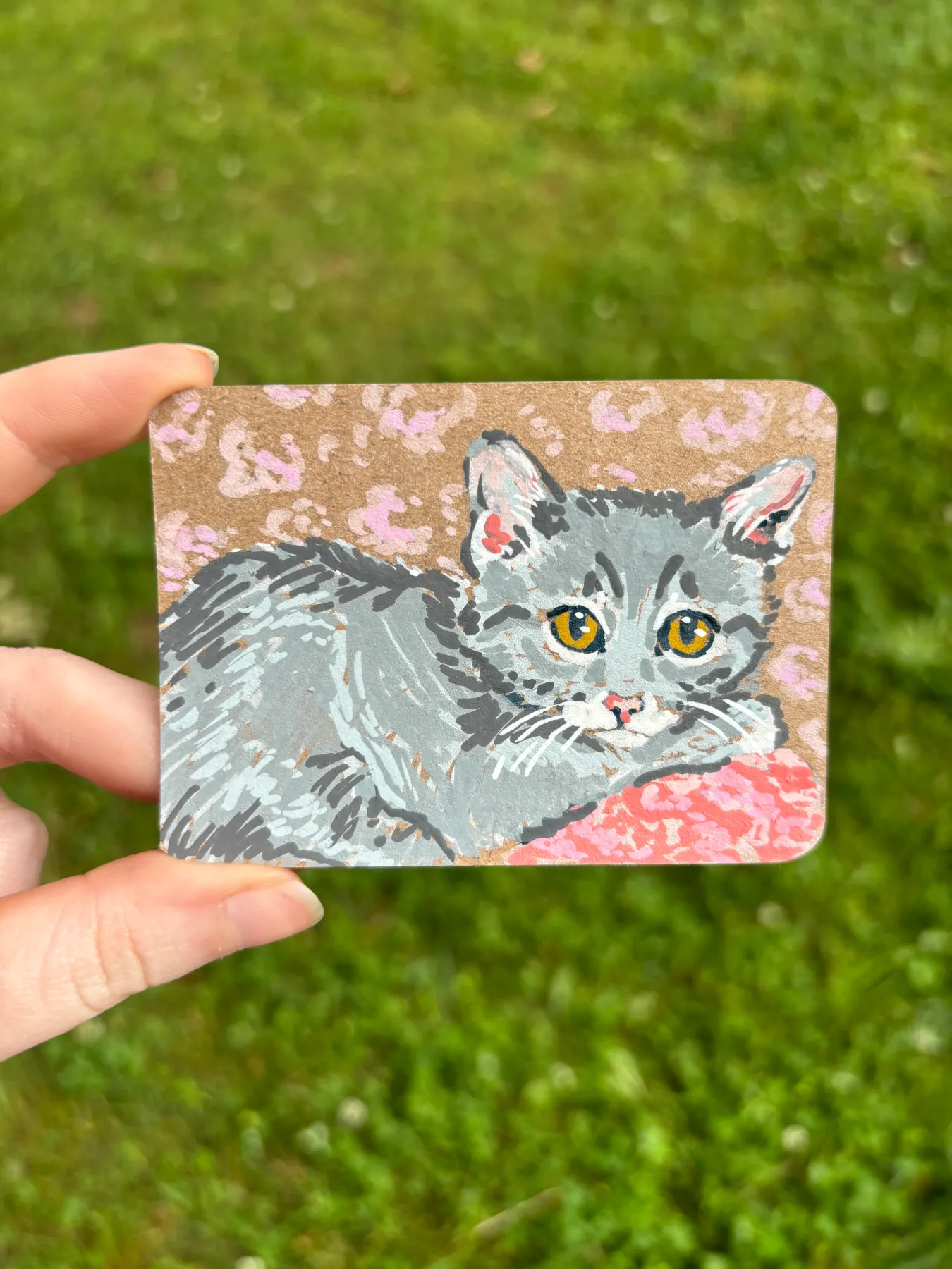 little gray kitty with pink aceo art card