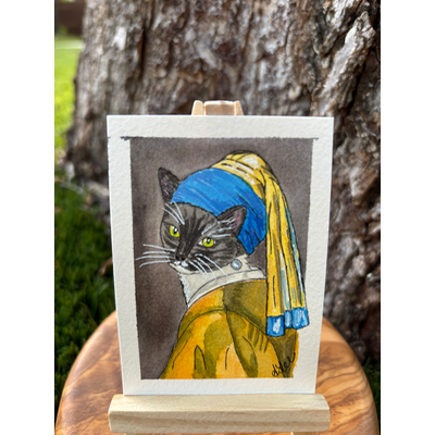 Cat with Pearl Earring aceo art card thumbnail 2
