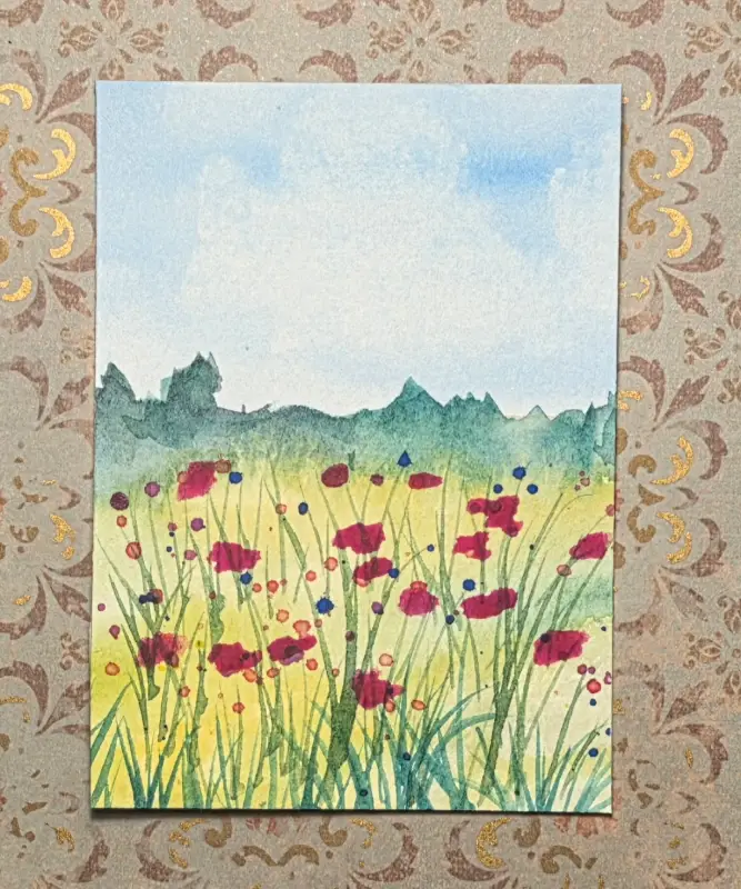 Red Flower Meadow aceo art card