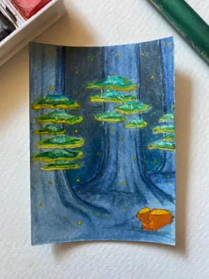 Blue Woods and Mushrooms aceo art card thumbnail 1
