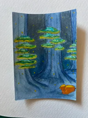 Blue Woods and Mushrooms aceo art card thumbnail 2