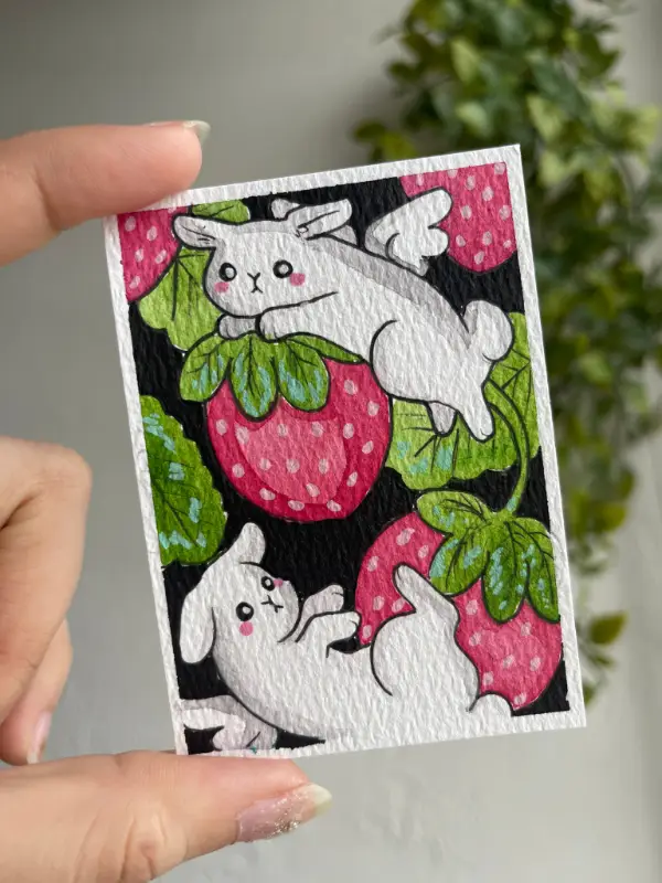 Strawberry Bunny Angels aceo art card