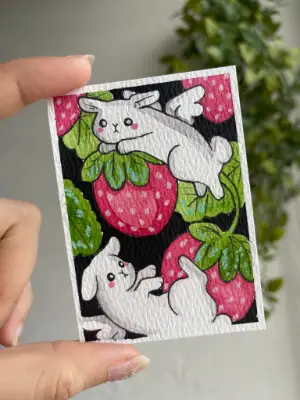 Strawberry Bunny Angels aceo art card thumbnail 1