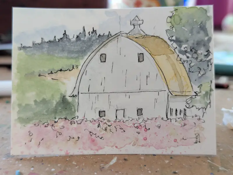 ACEO Original Watercolor and Ink Painting of a Barn and Cosmos Field aceo art card
