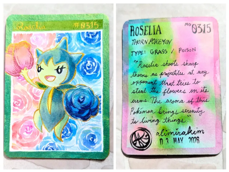 OOAK Sparkling Iridescent Watercolor Pokemon Card - Roselia aceo art card