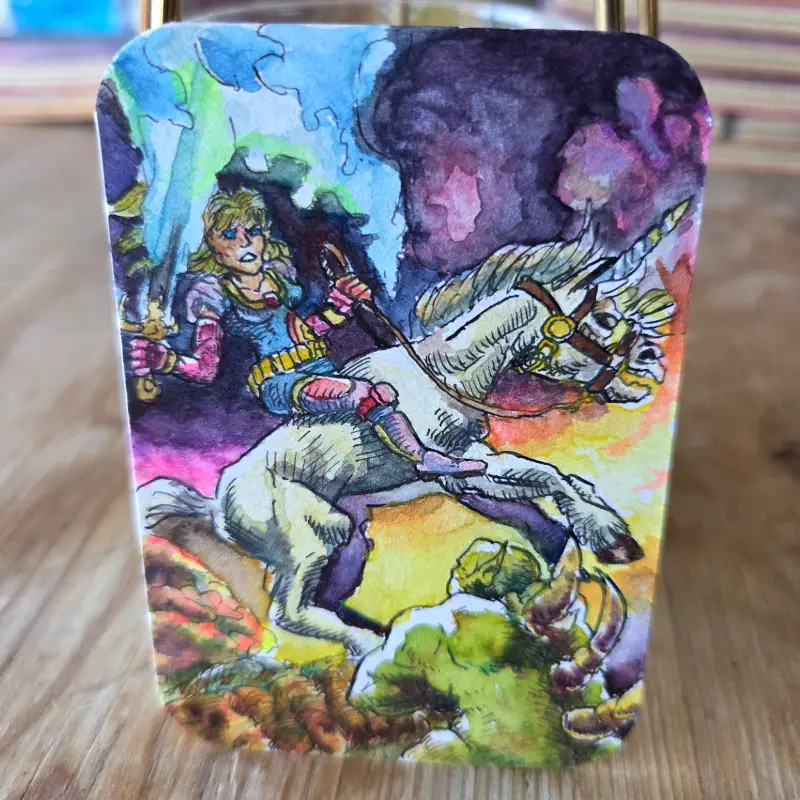 To Battle We Ride! Magical girl and her unicorn. aceo art card