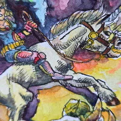 To Battle We Ride! Magical girl and her unicorn. aceo art card thumbnail 2