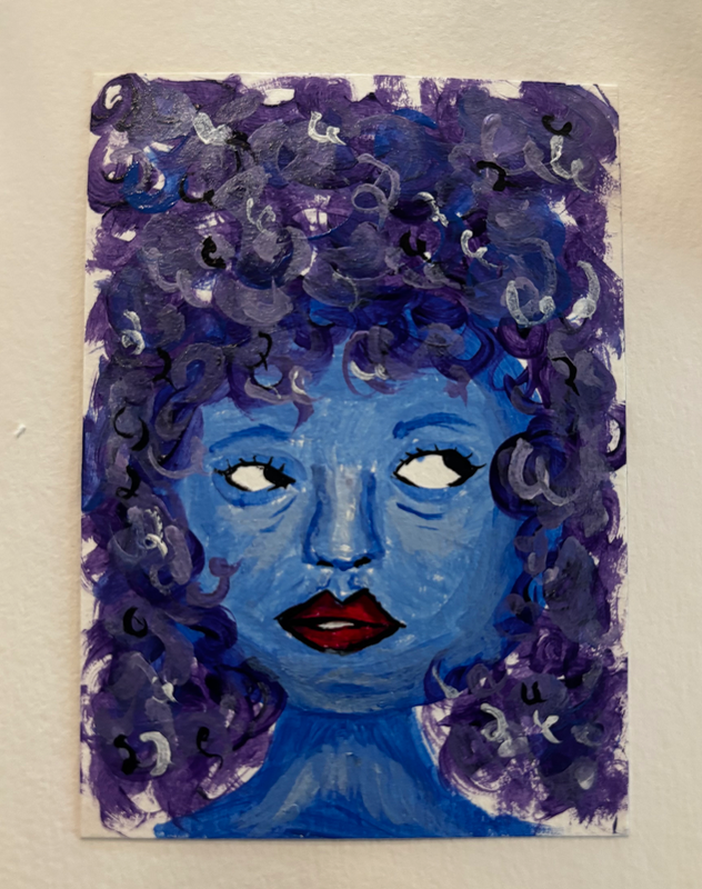 Blue Girl with Curly Hair aceo art card