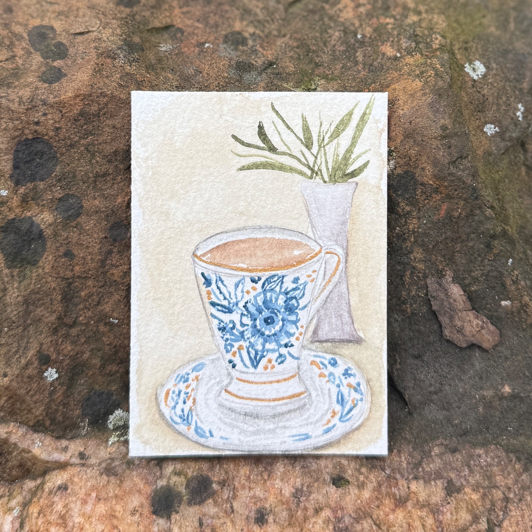 ACEO Original Blue Vintage Teacup aceo art card