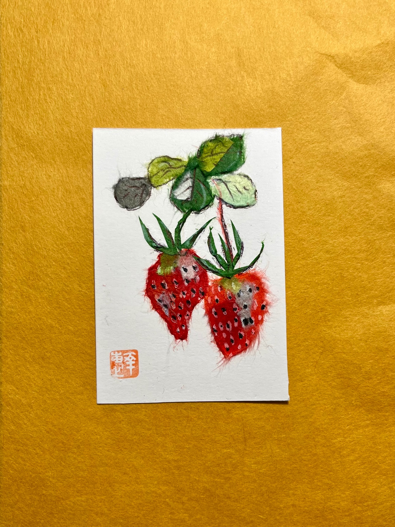 Strawberries on stems- Japanese Washi art aceo art card