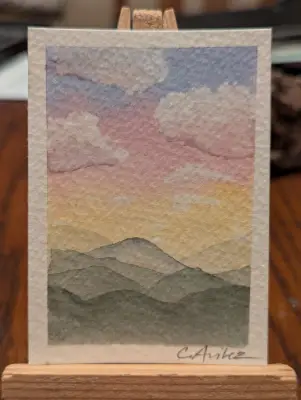 ACEO Unique watercolor landscape sunrise and mountains art card aceo art card thumbnail 1