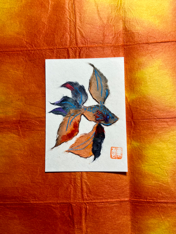 Siamese fighting fish -Japanese Washi art aceo art card