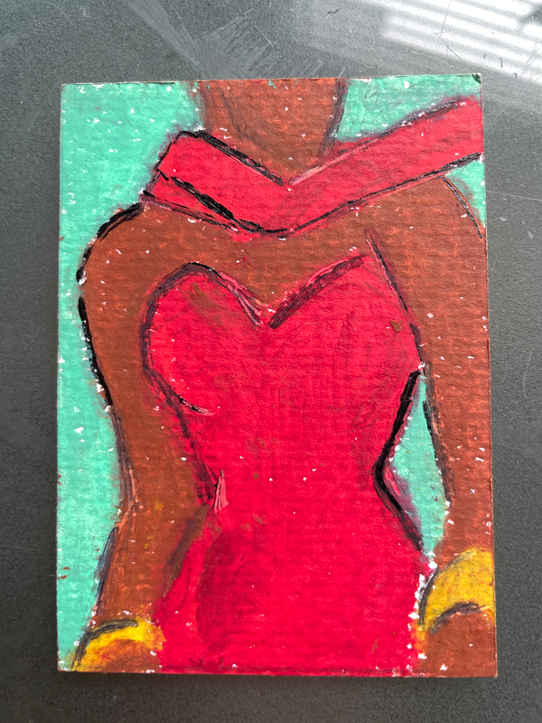 ACEO Original Oil Pastel Painting - The Lady in the Red Dress (Black Woman Art) aceo art card