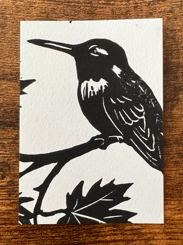 Summer Visitor: Hummingbird - Hand-Carved Block Print aceo art card