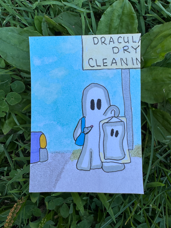 Gertrude runs Errands Series 4/8: Picking up Dry Cleaning aceo art card