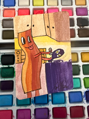 Bacon having breakfast aceo art card thumbnail 2